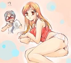 1boy 1girls bleach blush female glasses inoue_orihime legs long_hair male midriff on_side orange_hair uryu_ishida