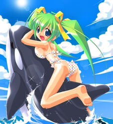 1girls ass barefoot bikini blue_eyes breast_press breasts cetacean cute_fang feet female green_hair hair_ribbon kazakami_shun kaze_joujun long_hair looking_back melon-chan melonbooks orca orca_whale polka_dot polka_dot_bikini polka_dot_swimsuit ribbon side-tie_bikini sideboob sky solo swimsuit tan tanline tied_hair twintails water