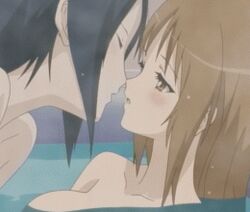 2girls animated bath black_hair blush brown_eyes brown_hair closed_eyes eye_contact female french_kiss hair kenjou_kaname kissing kiyashiki_momomi long_hair looking_at_another lowres multiple_girls nude open_mouth screencap short_hair strawberry_panic! submerged water wet yuri