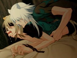 2boys animal_ears bent_over blindfold blonde_hair blue_eyes bondage cat_ears catboy fangs finger_in_mouth game_cg konoe lamento male multiple_boys rai_(lamento) saliva sex tongue white_hair yaoi