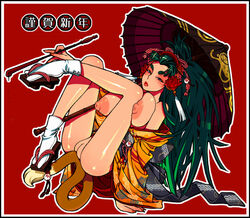 bottomless breasts clothes eroe eyebrows eyeshadow fat_mons green_hair hair huge_breasts japanese_clothes kiseru makeup nipples oriental_umbrella parasol pipe pussy smoking tabi tail umbrella