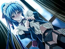 black_legwear black_panties blue_hair dress dress_lift dutch_angle game_cg garter_belt hidamari kisaragi_akari lace-trimmed_panties legwear lingerie maid panties pantyshot skirt skirt_lift solo stockings thighhighs underwear