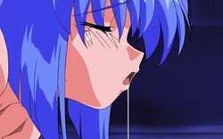 90s animated beige_skin blue_hair censored closed_eyes color cum cum_in_mouth cumdrip dark_skin fellatio female forced_to_watch game_cg head_grab human lilia_milcrave male oral penis raped_couple short_hair sogna tears viper_(series) viper_f40