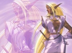 1girls 90s armband belt blonde_hair breasts circlet curvaceous dark-skinned_female dark_elf dark_skin elf female female_only gloves humanoid large_breasts lipstick long_hair makeup official_art open_clothes open_shirt pirotess pointy_ears record_of_lodoss_war shirt solo sword very_long_hair weapon wide_hips yuuki_nobuteru zoom_layer