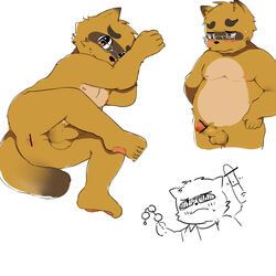 2017 anthro anus ass balls belly blush brown_fur canine censored eyewear fur glasses humanoid_penis ineffective_censorship jjongjjong kounosuke_(morenatsu) male male_only mammal morenatsu nipples nude overweight overweight_male penis solo tanuki