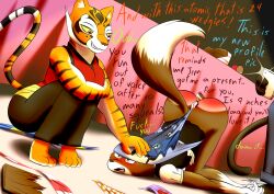 1boy 2girls anthro anthro_only atomic_wedgie birthday cake canine english_text feline food food_play fox furry furry_only kung_fu_panda master_tigress original_character painful red_ass reddened_butt spank_marks spanked spanked_butt text the_killer_wc tiger tkwc_(character) wedgie