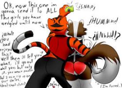 1boy 1girls anthro anthro_only ass brown_fur canine commission crossdressing english_text exposed exposed_ass feline female fox furry furry_only kung_fu_panda maid maid_headdress maid_uniform male master_tigress public_exposure public_humiliation red_ass selfie spank_marks spanked spanked_butt taking_picture text the_killer_wc tiger tkwc_(character) wedgie white_background