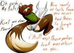 anthro brown_fur canine embarrassed english_text fox furry green_shirt male my_little_pony offscreen_character offscreen_female rarity_(mlp) straight_hair text the_killer_wc tkwc_(character) underwear wedgie