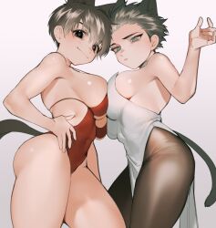 2girls animal_ears ass bangs bare_shoulders black_eyes black_hair breast_press breasts brown_hair brown_legwear cat_ears cat_girl cat_tail center_opening covered_navel dotsuco dress eyebrows_visible_through_hair female genderswap_(mtf) hair_between_eyes highleg highleg_swimsuit highres large_breasts looking_at_viewer multiple_girls one-piece_swimsuit original pantyhose pelvic_curtain red_swimsuit rule_63 short_hair sideboob strap_gap strapless strapless_dress swimsuit symmetrical_docking tail thighs very_short_hair white_dress