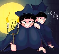 2girls black_hair black_nails blue_hat blue_robe candelabra candle candles clothing elden_ring female female_only flowuhflowuh fromsoftware grin hat huge_breasts imminent_sex jagged_mouth juvenile_scholar laugh mischievous_smile short_black_hair short_hair smile