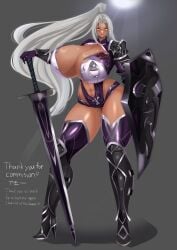 abs abstract_background amooooo217 armor armored_boots armored_gloves big_ass big_breasts big_butt big_thighs bikini_armor dark-skinned_female dark_skin fantasy female huge_breasts large_breasts long_hair looking_at_viewer olexa_vrane original original_character ponytail shield silver_hair smile thick_thighs thighhighs unrealistic writing yellow_eyes