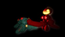 3d_(artwork) big_belly big_breasts blue_body five_nights_at_freddy's floating futanari glowing glowing_eyes glowing_mouth hyper hyper_balls hyper_penis inflated_belly intersex intersex/female jack_o_pumpkin_(fnaf) large_belly laying_down laying_on_back lighting looking_at_viewer pumpkin pumpkin_head red_body shortstack source_filmmaker wink zombuttsfm