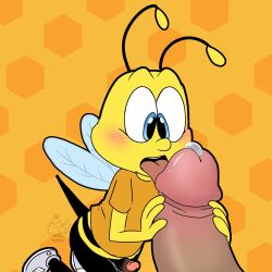 1:1 antennae_(anatomy) anthro arthropod balls bee blush bodily_fluids bottomless buzz_the_bee cheerios clothed clothing cum digital_drawing_(artwork) digital_media_(artwork) disembodied_penis duo erection fellatio footwear general_mills genital_fluids genitals handjob hi_res holding_penis honey_bee honey_nut_cheerios humanoid_genitalia humanoid_penis hymenopteran insect_wings insects licking macro male male/male mammal mascot micro micro_on_macro muffinlewds nude open_mouth oral penile penis penis_lick sex shirt shoes simple_background size_difference smaller_male solo_focus tongue tongue_out topwear two-handed_handjob wings yellow_body