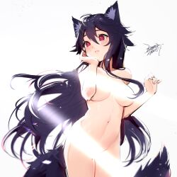 ahoge animal_ear_fluff animal_ears black_hair blush breasts breasts_apart chinese_commentary collarbone commentary_request completely_nude cowboy_shot ejami ekko_(ejami) female female fox_ears fox_girl fox_tail hand_on_own_chin light_censor light_frown long_hair looking_away looking_to_the_side medium_breasts navel nude original parted_lips red_eyes signature simple_background solo stomach tail very_long_hair white_background