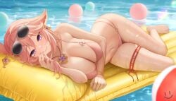 barefoot bikini breasts cleavage curvaceous curvy feet fox_ears fox_girl garter genshin_impact hi_res large_breasts looking_at_viewer pink_bikini pink_hair purple_eyes smile sunglasses sunglasses_on_head toes wei_xiao wet yae_miko