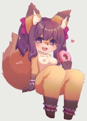 animal_ears ankle_cuffs black_hair bow breasts doughnut eyebrows_visible_through_hair female female_focus food fox_ears fox_girl fox_tail furry furry_female grey_background hairbow heart heart-shaped_pupils highres holding holding_food looking_at_viewer medium_breasts nipples nude oerba_yun_fang open_mouth original racal_ra short_eyebrows simple_background sitting skin_fang solo symbol-shaped_pupils tail twintails wrist_cuffs