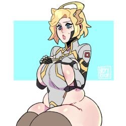 1girls areola areola_peek areola_slip areolae areolae_peeking areolae_slip blonde_hair blue_eyes chubby chubby_female female female_only light-skinned_female light_skin mercy nekitoototo overwatch slightly_chubby solo solo_female solo_focus sweat sweatdrop thick thick_thighs voluptuous