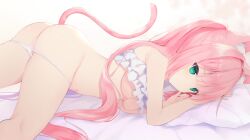 animal_ear_fluff animal_ears ass bandaid bandaid_on_pussy bangs bare_shoulders bed_sheet bikini bikini_pull breasts cat_ears cat_girl cat_tail chii_aruel clothes_pull commentary_request eyebrows_visible_through_hair feet_out_of_frame female green_eyes kemonomimi_mode long_hair medium_breasts pillow pink_hair solo soul_worker swimsuit tail underboob usagimiko very_long_hair white_bikini