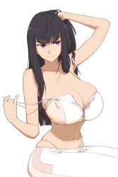 1girls 2022 arm_up bangs bare_shoulders black_hair blunt_bangs breasts cleavage closed_mouth collarbone crop_top female female female_focus female_only hair_over_shoulder hand_in_own_hair highres huge_breasts kill_la_kill kiryuuin_satsuki kuroneko_pantsu long_hair looking_to_the_side navel pants panty_straps partially_unzipped purple_eyes sitting smile solo solo_female stomach strap_pull tank_top thick_eyebrows white_background white_pants white_tank_top zipper zipper_pull_tab