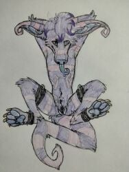 <3_eyes 3:4 anthro blue_body blue_eyes blue_skin bodily_fluids cackling-beast crux cuff_(restraint) cuntboy cuntboy_sans_balls drooling feet foot_focus genitals hands_behind_head heart herm hermaphrodite humanoid_genitalia humanoid_pussy intersex looking_at_viewer male maleherm meth_(cackling-beast) multi_genitalia penis pink_stripes prehensile_tail purple_body pussy restraints saliva slit solo solo_focus spread_legs spreading stripes tongue tongue_out traditional_media_(artwork)