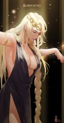 1girls armband armpits arms_up asserting_dominance big_breasts blonde_hair circlet cleavage dress elden_ring expressionless female female_only from_lsr fromsoftware goddess gold_(metal) inner_sideboob light-skinned_female light_skin milf painting_(artwork) queen_marika_the_eternal sideboob solo t-pose