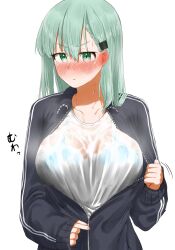 aqua_hair bangs black_jacket blush bra breasts closed_mouth female gekiteki_na_beefsteak green_eyes hair_between_eyes hair_ornament hairclip highres jacket kantai_collection large_breasts long_hair long_sleeves nose_blush see-through shirt simple_background solo suzuya_(kantai_collection) track_jacket underwear upper_body wet wet_clothes wet_shirt white_background