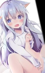 ahoge animal_ear_fluff animal_ears bangs between_legs blue_eyes blue_hair blush breast_grab breasts cat_ears cat_girl cat_tail caught eyebrows_visible_through_hair female female_masturbation fingering grabbing hair_between_eyes kyuukon_(qkonsan) long_hair looking_at_viewer m_legs masturbation nipples oerba_yun_fang one_breast_out open_mouth original pussy pussy_juice shiny shiny_hair shirt sitting small_breasts solo spread_legs tail tail_between_legs very_long_hair white_shirt