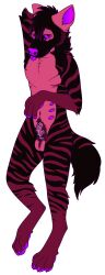 anatomically_correct anthro atrius atrius97 belly_nipples black_body blep cackling-beast chastity_cage chastity_device fur hi_res hyaenid looking_at_viewer male mammal pink_body pink_fur pink_stripes purple_body purple_eyes purple_skin solo striped_hyena stripes tongue tongue_out