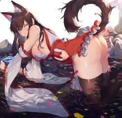 absurdres all_fours animal_ear_fluff animal_ears aochoku ass black_hair black_legwear blue_eyes breasts detached_sleeves dress female female_focus fox_ears fox_tail highres large_breasts long_hair no_panties one_eye_closed original partially_submerged shiny shiny_skin sideboob solo tail thighhighs water wet