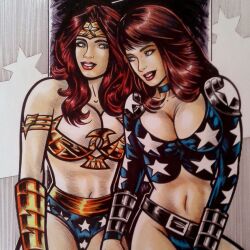 2girls big_breasts bikini bikini_armor breasts brown_hair busty choker cleavage dc_comics diana_prince donna_troy female female_focus female_only foster_studio full_cleavage full_color hair highres large_breasts looking_at_another medium_hair multiple_girls panties pinup revealing_clothes round_breasts smile smiling smiling_at_another star_(symbol) stars tiara traditional_art traditional_media_(artwork) unconvincing_armor wavy_hair wonder_girl wonder_woman wonder_woman_(series)