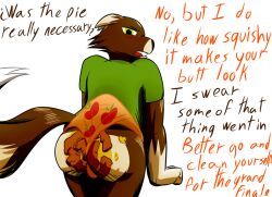 anthro applejack_(mlp) ass brown_fur canine embarrassed english_text food food_in_ass food_play fox furry green_shirt male my_little_pony offscreen_character offscreen_female pie smooth_skin text the_killer_wc tkwc_(character) underwear wedgie