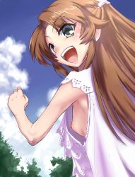 brown_hair erect_nipples eyebrows_visible_through_hair female green_eyes happy hetare_(pixiv) koshigaya_komari long_hair no_bra non_non_biyori open_mouth outside small_breasts solo