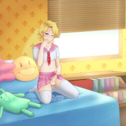 blonde_hair crossdressing erect_penis femboy male_focus male_only mystic_messenger sailor_uniform yoosung_kim