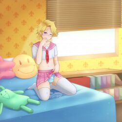 blonde_hair crossdressing femboy male_focus male_only mystic_messenger sailor_uniform trap yoosung_kim