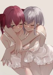 2girls blush breasts closed_eyes commentary_request eyebrows_behind_hair face female hair_ribbon hands highres hololive hololive_fantasy hololive_japan houshou_marine large_breasts multiple_girls no_bra ramuda_(guilty931) red_hair red_ribbon ribbon see-through shirogane_noel short_hair silver_hair smile twintails virtual_youtuber yuri