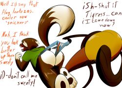 anthro brown_fur canine embarrassed english_text exposed fox green_shirt male my_little_pony offscreen_character offscreen_female pole rainbow_dash_(mlp) shirt_only straight_hair text the_killer_wc tkwc_(character) underwear wedgie