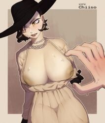 1girls alcina_dimitrescu big_breasts breasts chiiso_(artist) clothes_pull female female_focus large_breasts looking_to_the_side nipples pale-skinned_female pale_skin pov pov_hands pulling_clothing resident_evil resident_evil_8:_village short_hair yellow_eyes