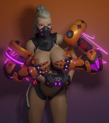 areolae big_breasts blonde_female breastmilk fortnite gentlecat giant_tits handcuffed heterochromia huge_breasts mouth_mask pussy robotic_arm southpaw_(fortnite) tied_hands