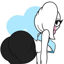 big_ass big_lips black_eyelashes black_eyeshadow black_pants black_shorts blue_shirt girl hair_covering_eye human kissable_lips laxmye long_white_hair one_eye_half-closed pink_lips puffy_lips stonetoss white_body white_hair white_skin