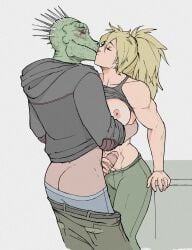 1boy 1girls abs absurdres ass ass_cleavage black_sports_bra blonde_hair breasts butt_crack closed_eyes colored_skin couple dark_penis dorohedoro english_commentary erection female foreplay foreskin green_skin handjob highres hood hood_down hoodie hug human humanoid humanoid_penis intact interspecies kaiman_(dorohedoro) kissing large_breasts lizardman male male_underwear male_underwear_pull muscular muscular_female nikaido nikaidou_(dorohedoro) nipples partially_retracted_foreskin penis scales smooth_penis spikes sports_bra sports_bra_lift standing straight table tropero uncensored uncut underwear wholesome