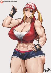 1girls abs batako big_breasts blonde_hair blue_eyes breasts busty cap cleavage curvaceous curves curvy curvy_body curvy_female curvy_figure enormous_breasts fatal_fury female female_focus gloves hand_on_hip huge_breasts king_of_fighters large_breasts long_hair massive_breasts muscle muscular muscular_arms muscular_female muscular_legs muscular_thighs ponytail rule_63 shorts solo teeth teeth_showing terry_(snk_heroines:_tag_team_frenzy) terry_bogard thick thick_legs thick_thighs thighs thunder_thighs tomboy voluptuous