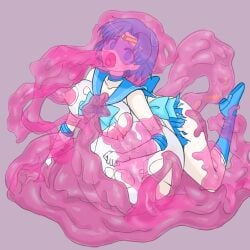 ami_mizuno az_(artist) bishoujo_senshi_sailor_moon blue-tinted_eyewear blue_eyes blue_hair clothing inflated_belly large_breasts sailor_mercury slime tagme tinted_eyewear torn_clothes visor