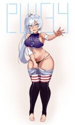 1girls b1ackgoldsaw big_breasts breasts busty clothed clothing full_body gym_uniform hips human light_skin long_hair pale_skin partially_clothed ponytail pubic_tattoo rwby sportswear standing sweating thick_thighs thighhighs thong wearing_others_clothes wearing_partner's_clothes weiss_schnee white_hair wide_hips