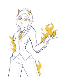 1girls business_suit demon devil female_only fire horns ponytail princess_in_yellow suit yellow_eyes