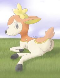 anus deerling ellistia female feral feral_only fur furry furry_only genitals hi_res looking_at_viewer looking_back lying_on_ground nintendo orange_body pokémon_(species) pokemon pussy smile solo tail video_games