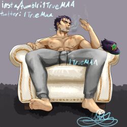 1boy 1truemaa artist_signature barefoot cigarette dilf grey_sweatpants jojo's_bizarre_adventure jotaro_kujo male male_nipples male_only mature_male muscular_male pecs scar_across_eye shirtless sitting_on_couch solo solo_male stone_ocean twitter_username