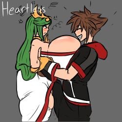 1boy 1girls against_wall annoyed bulge_rubbing crack_pairing crossover erection_under_clothes female gokusenpai huge_ass huge_breasts huge_cock imminent_rape kid_icarus kid_icarus_uprising kingdom_hearts lifting male nintendo palutena penis pout shortstack shrunken_woman size_difference sora straight