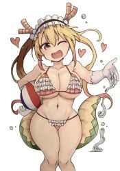 beach_ball bikini bikini_bottom bikini_top breasts cool-kyou_shinja frills gloves green_tail heart horn horns hourglass_figure large_breasts looking_at_viewer maid_headdress miss_kobayashi's_dragon_maid navel open_mouth open_smile orange_eyes orange_hair ponytails smile smiling smiling_at_viewer swimsuit tail thick_thighs thighs tohru_(dragon_maid) water white_background white_gloves wink winking winking_at_viewer