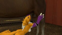 bulge deepthroat digimon equine equine_penis fellatio feral feral_penetrating feral_penetrating_anthro foxgirl grabbing_legs hay horsecock rabidus renamon zoophilia