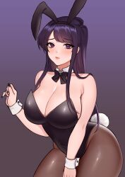 1girls animal_ears bangs bare_shoulders black_bow black_bowtie black_hairband black_leotard black_nail_polish black_nails blush blushing_at_viewer bow bowtie breasts brown_legwear bunny_ears bunnysuit cleavage collarbone covered_navel cowboy_shot curvaceous detached_collar eyebrows_visible_through_hair eyelashes fake_animal_ears fake_animal_tail fake_bunny_ears fake_bunny_tail fake_rabbit_ears fake_rabbit_tail female_focus fingernail_polish fingernails hairband hi_res high_resolution highleg highleg_leotard highres hourglass_figure huge_breasts komi-san_wa_komyushou_desu komi_shouko leotard light_blush lips lipstick long_hair looking_at_viewer makeup matching_hair/eyes matching_hair_and_eyes pantyhose plain_background playboy_bunny playboy_bunny_costume playboy_bunny_leotard purple_background purple_eyebrows purple_eyes purple_hair rabbit_ears rabbit_tail sidelocks simple_background solo solo_female sren244 strapless strapless_leotard tail thighs traditional_bowtie voluptuous wide_hips wing_collar wrist_cuffs